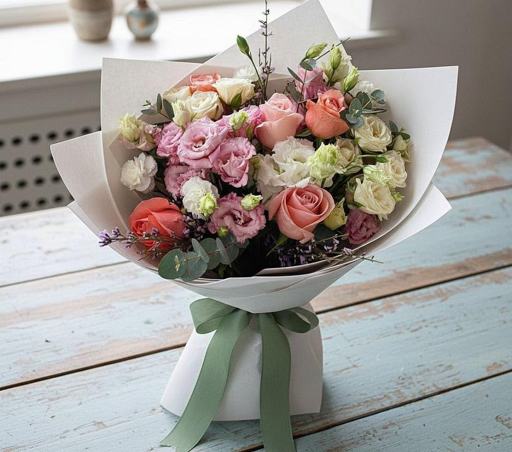 Букет цветов из: Розы, Лизиантусы и Гвоздики в Навле