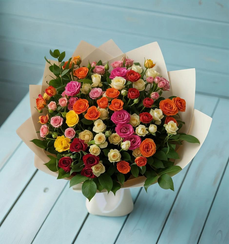 Букет Микс из разноцветных кустовых роз в Навле